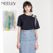 Neelly/纳俪2018夏季新款不对称斜领露肩不规则短袖T恤_1 XL 藏青色