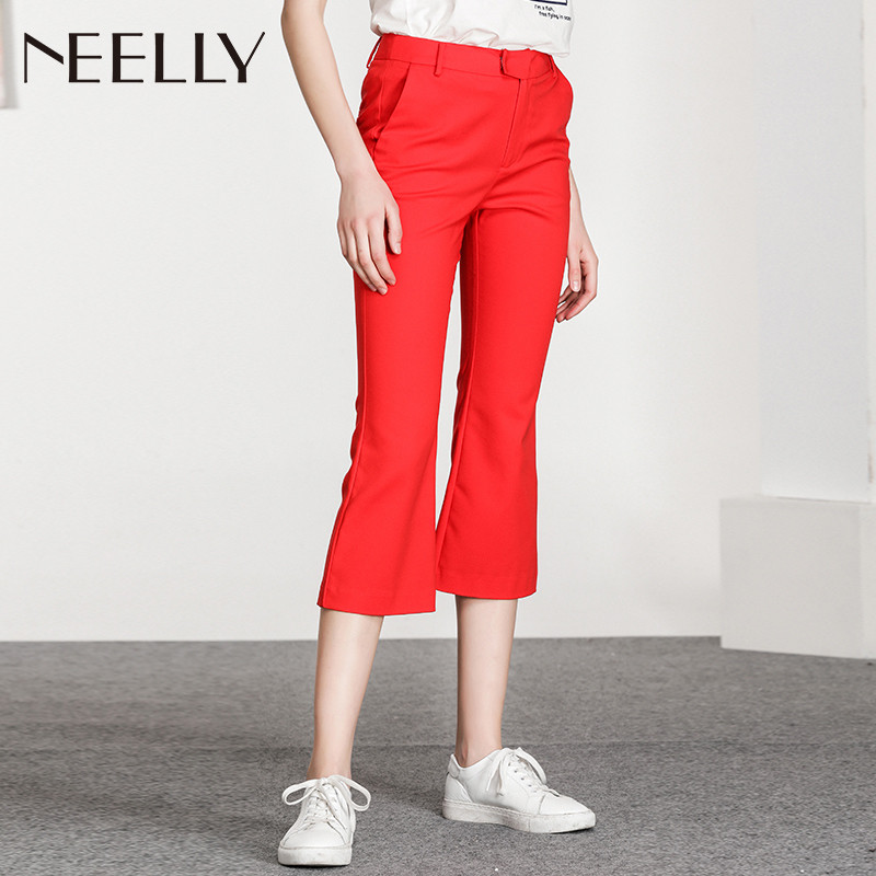 NEELLY/纳俪2018夏季新款纯色微喇显瘦九分裤休闲裤_1 S 正红色