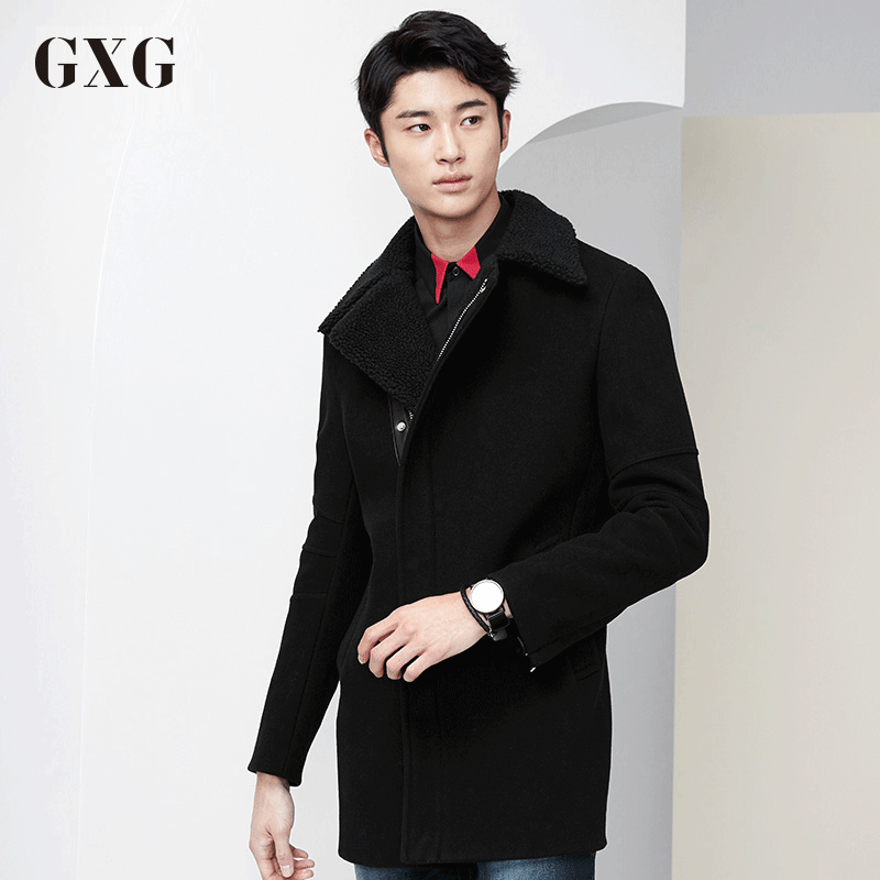 GXG大衣男士冬季时尚黑色斜拉链襟中长款羊毛翻领毛呢大衣外套 185/XXL 黑色