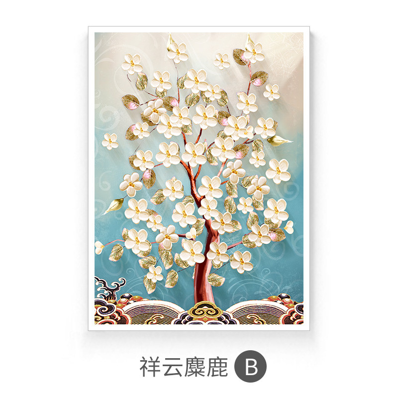 欧式沙发后挂画发财树大气三联画组合床头壁画麋鹿客厅背景装饰画_6 祥云麋鹿B