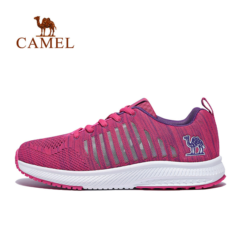 camel/骆驼运动鞋 2018春夏新款飞织跑步鞋透气休闲鞋男女轻便时尚跑鞋 A813036111，梅红/炫紫女 36码