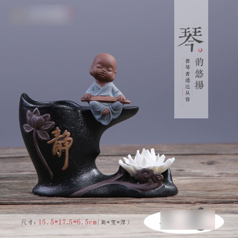 陶瓷创意家居装饰品摆件静小和尚笔筒客厅书房办公室礼物现代简约多用多色多款多功能生活日用收纳_6 琴韵悠扬