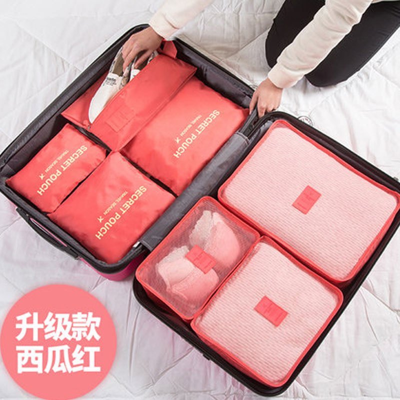 旅行季出差必备用品洗漱包收纳袋分装整理化妆包男旅游女便携套装多色多款多功能生活日用收纳用品_7 西瓜红七件套含鞋袋