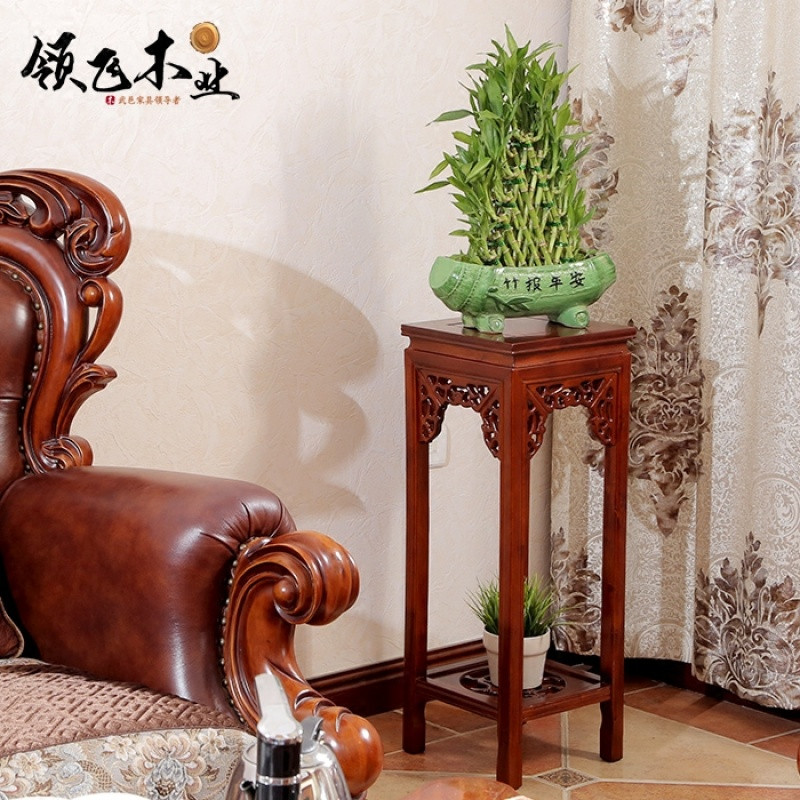 客厅实木方花架榆木中式仿古木质室内阳台地面落地花架花几盆景架_7 对角方高100*直径30【红木色】