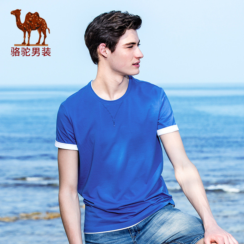 CAMEL骆驼男装 夏季新款正品男士短袖t恤纯色圆领休闲个性青年体恤上衣 XL 彩蓝