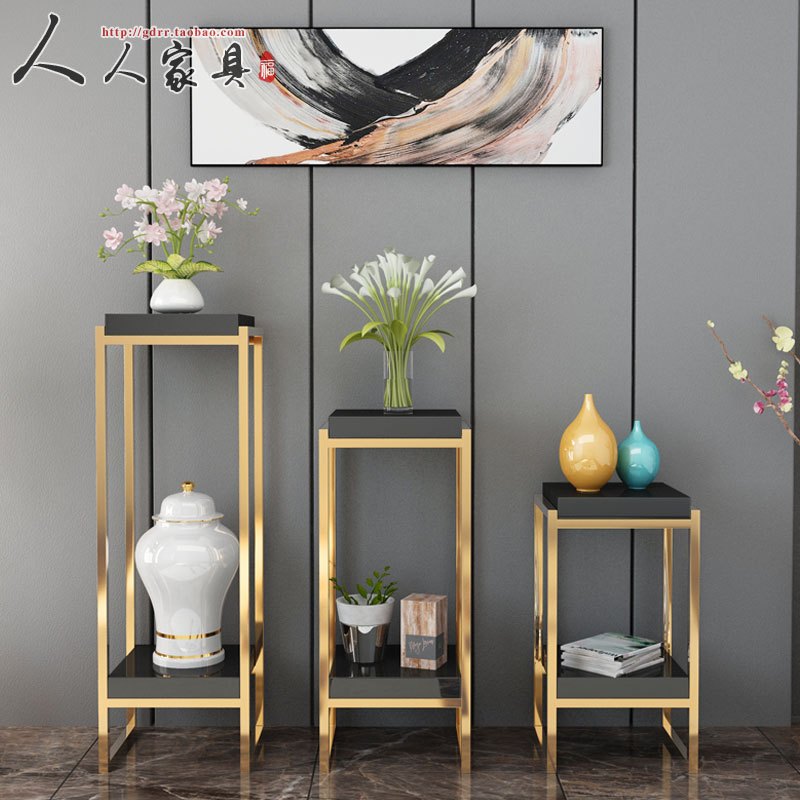 现代简约不锈钢花架室内客厅落地式多层置物架走廊花几创意花盆架_7 坐高100cm黑色钛金脚