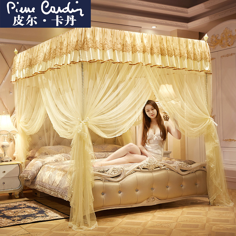 皮尔卡丹(Pierre Cardin)家纺 三开门宫廷蚊帐1.8m床加密加厚文帐1.5m/1.2米床纹帐公主风落地支架 1.2*2.0m 米黄8801