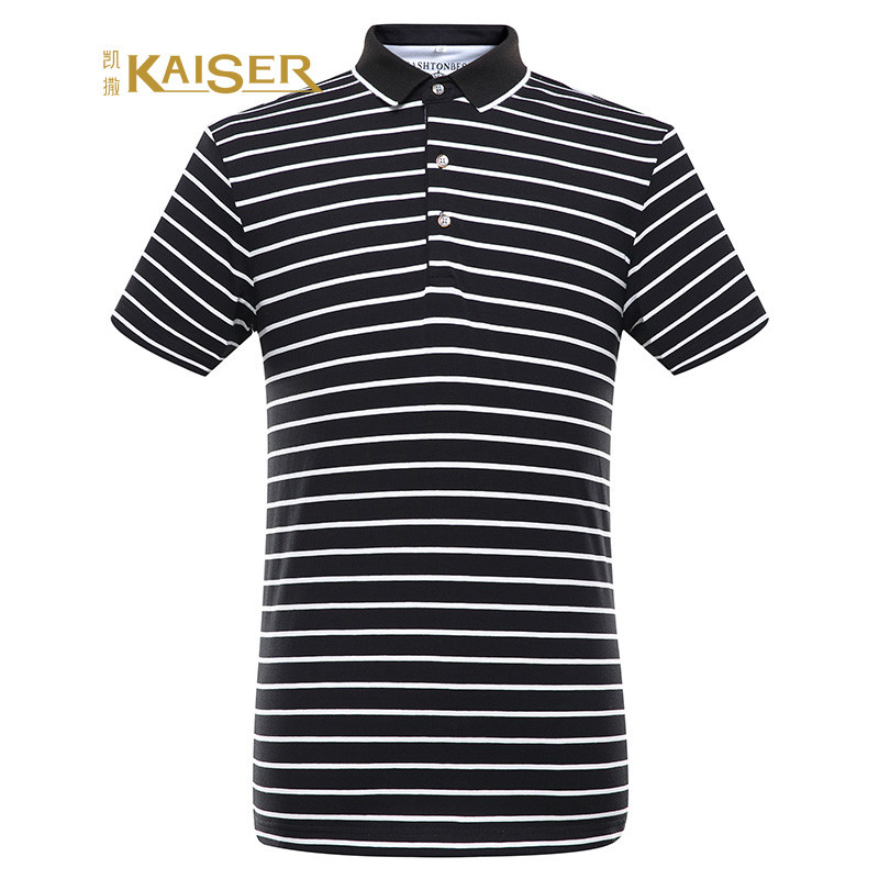 KAISER凯撒 男士时尚经典条纹微弹休闲夏季男短袖POLO衫 50(175/L) 黑色