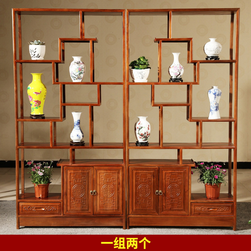 中式榆木博古架仿古实木古董展示茶架多宝阁置物架客厅隔断玄关柜_7 寿字博古架组合196*196*29