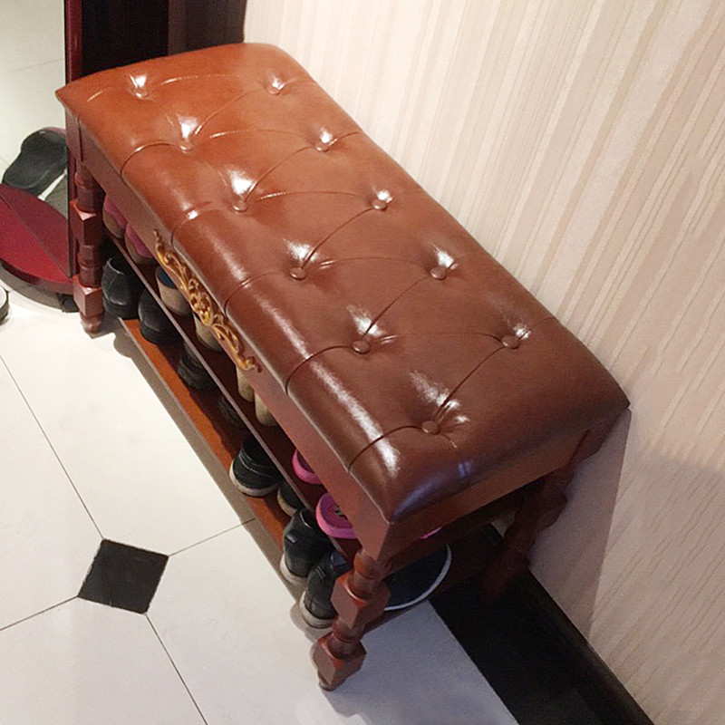 美式换鞋凳鞋柜门口储物实木经济型穿鞋凳欧式真皮拉扣鞋凳式鞋架_6 樱桃色+樱桃色不翻盖70*30*48CM（PU皮）