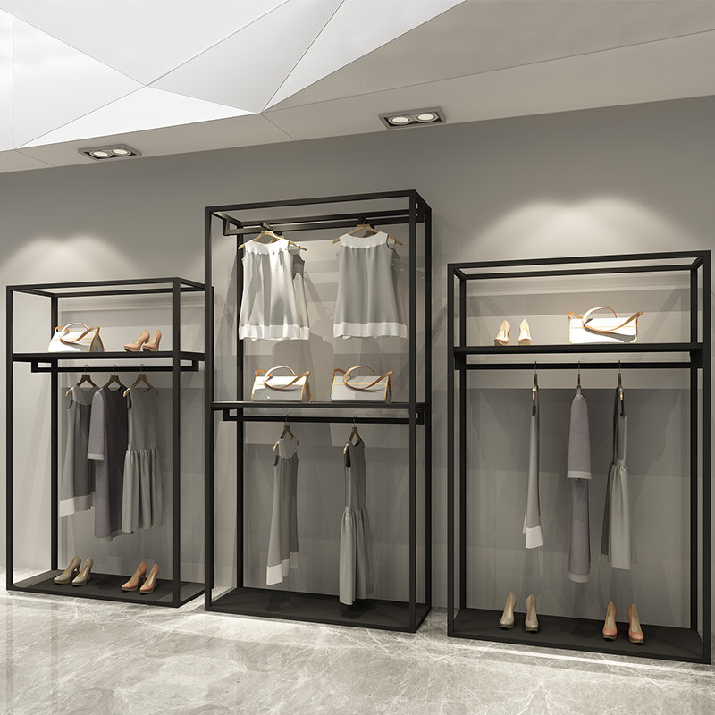 服装店展示架双层挂衣架男女装店货架铁艺陈列架侧挂衣架_5 可刷古铜色