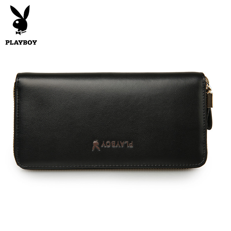 PLAYBOY/花花公子男士长款拉链钱包 牛皮手包男 大容量真皮男包 黑色
