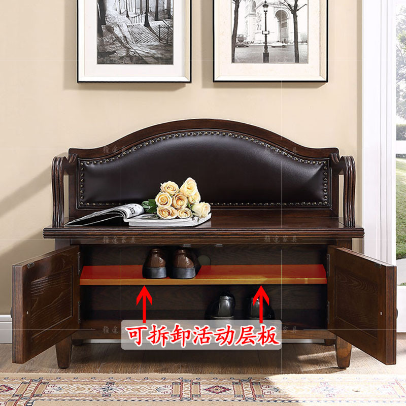 美式实木换鞋凳双层鞋柜沙发储物登收纳凳欧式门口玄关穿鞋凳整装_5 1020*370*810MM真皮带层板双门