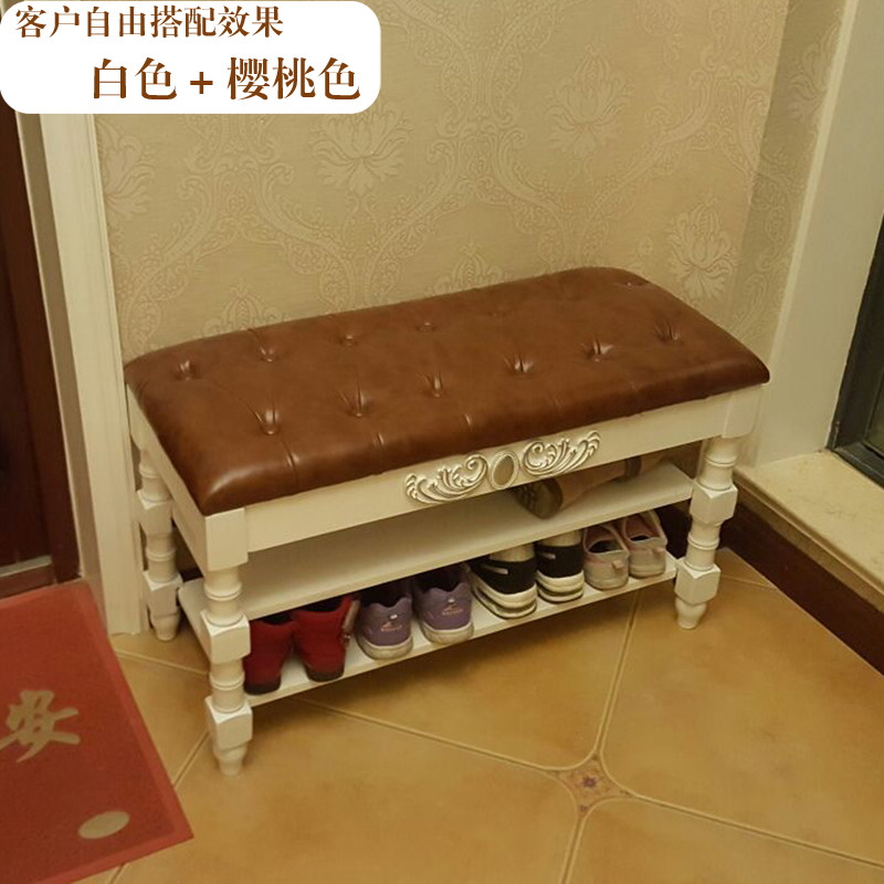 欧式换鞋凳鞋柜美式实木收纳凳式鞋架多功能试鞋凳子地中海换鞋凳_8 60CM翻盖白色+樱桃色（真皮）