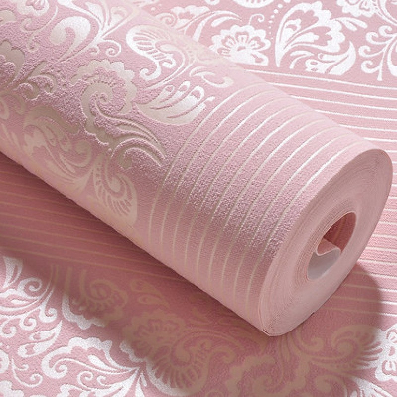 欧式无纺布墙纸客厅卧室简约现代立体竖条纹温馨背景墙壁纸 粉红色-10035