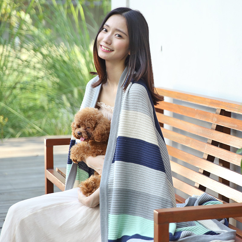 ladysoft家居 全棉条纹针织毯 150*200cm 休闲气质披肩 150X200cm 灰绿条纹