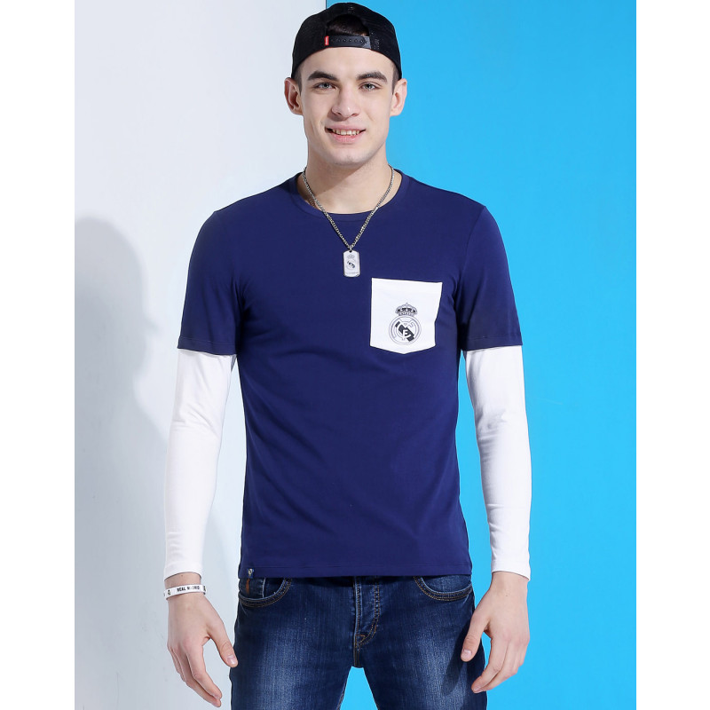 皇家马德里 皇马 拼接袖款 男款运动长袖T恤 时尚系列 深蓝色 XL