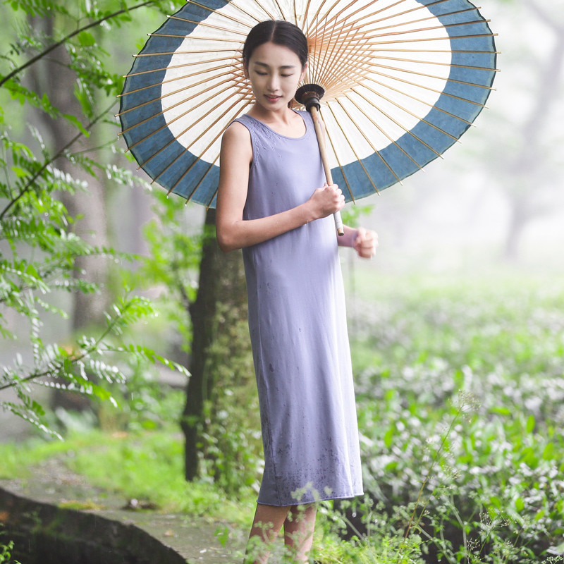 素缕夏装2018新款女百搭显瘦绣花宽松长款无袖连衣裙女SL522235媫 S 灰蓝