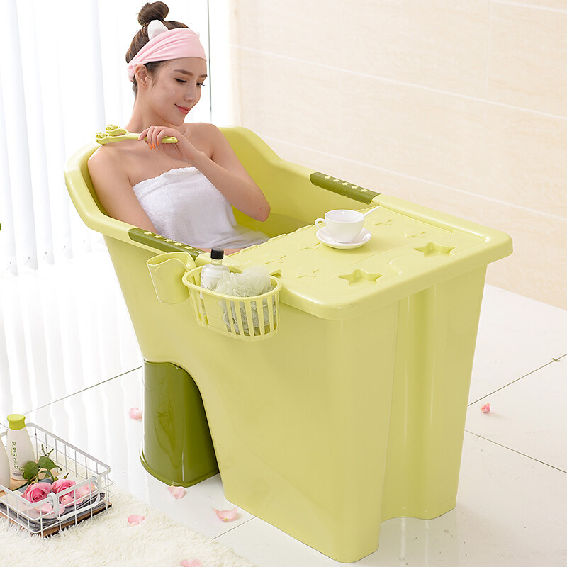 特大号加厚硬塑料浴桶坐浴洗澡桶木沐浴缸浴盆家用泡澡桶带盖 粉色