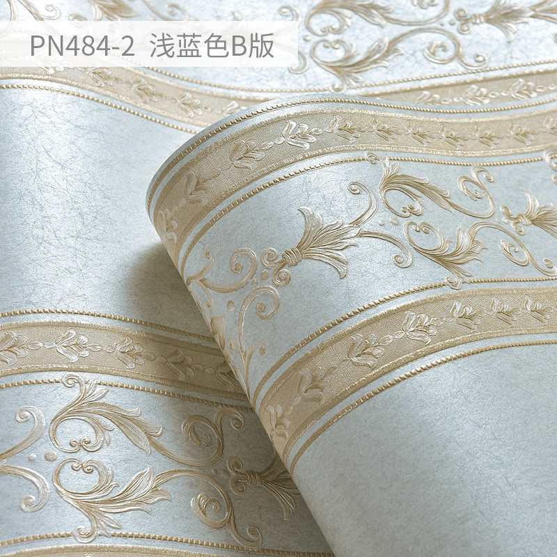 卧室客厅电视背景墙壁纸欧式田园温馨ab无纺布墙纸3d立体条纹墙纸 浅蓝色B版