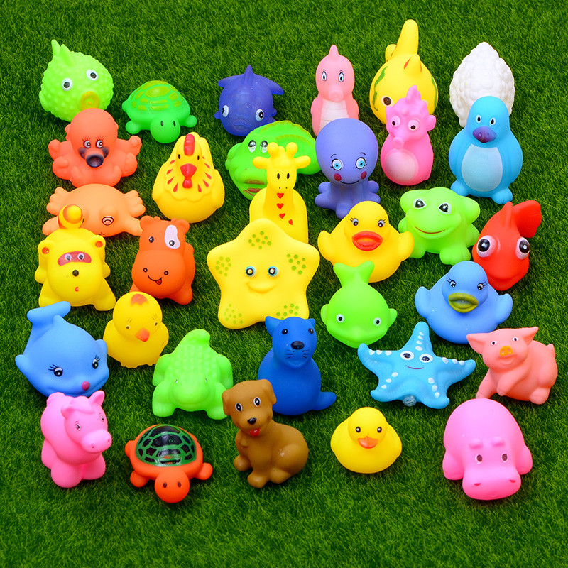 智恩堡zhienb搪胶动物宝宝戏水洗澡玩具捏捏叫发声玩具8只送一勺随机