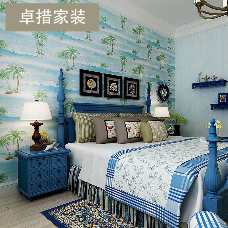 电视背景墙壁纸AB版条纹椰树沙滩夏威夷风情无纺布墙纸3d卧室客厅_7