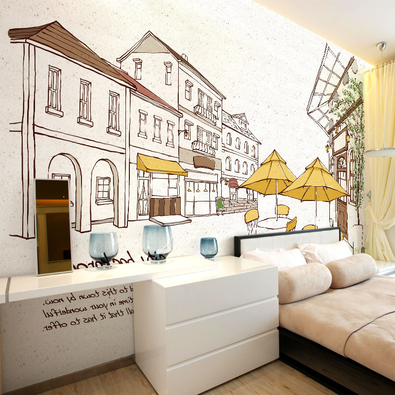 现代大型壁画3D立体个性街景壁纸布餐厅电视背景墙纸城市酒吧手绘_9 高档无缝珍珠布（整幅）