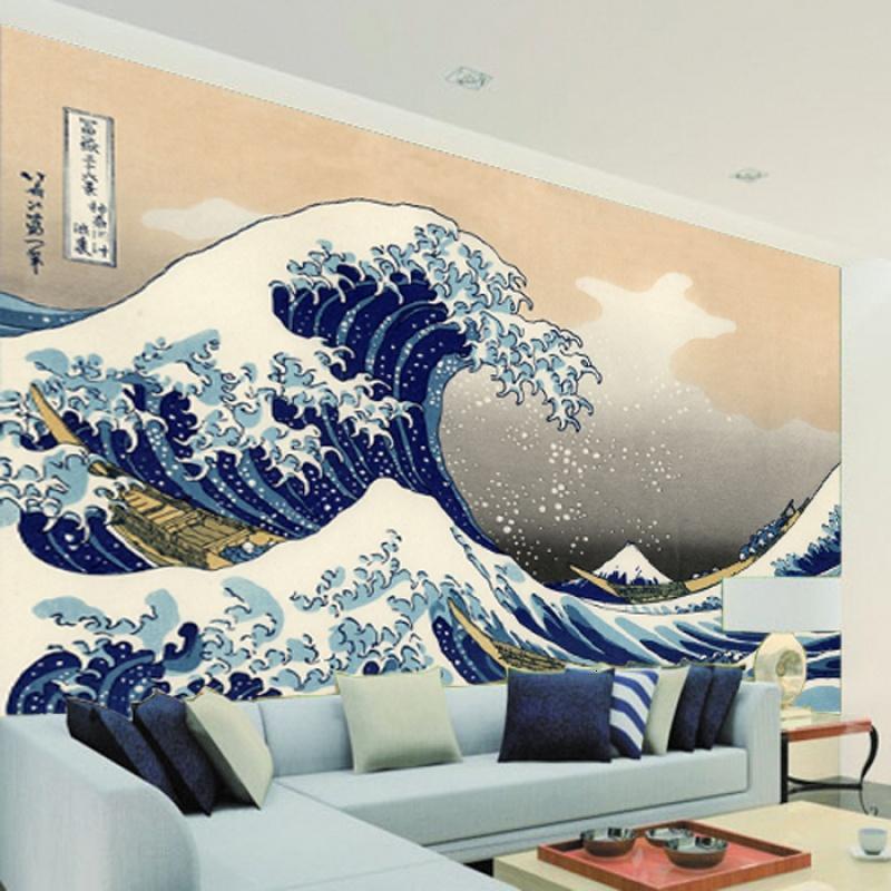 环保大型壁画电视卧室客厅餐厅背景墙纸咖啡厅客房壁纸日式海浪_5 无缝无纺布/每平米