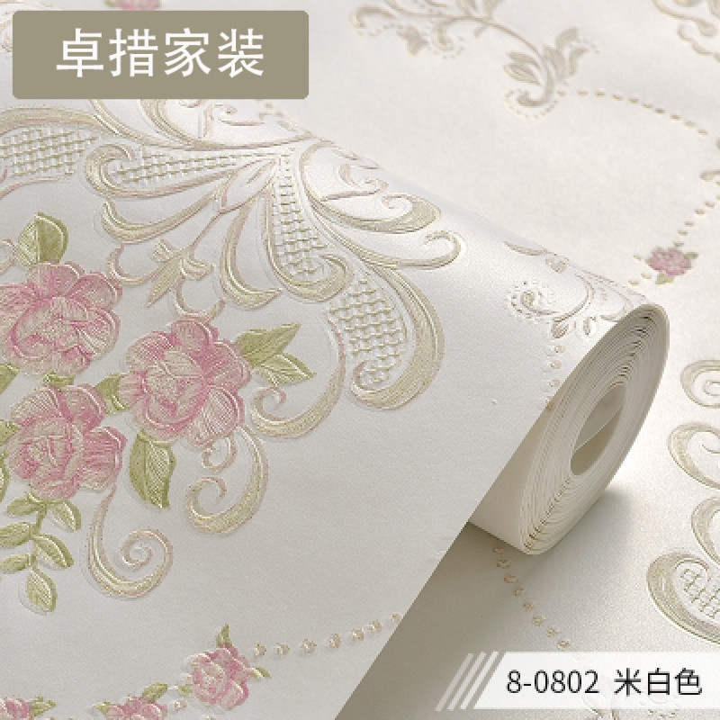欧式田园无纺布墙纸3D立体浮雕客厅卧室婚房温馨沙背景墙纸_5_1 米白色8-0802
