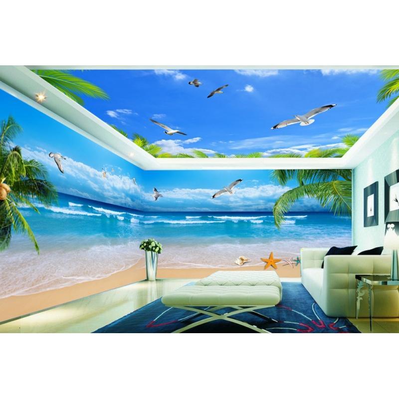 定制大型3D个性壁纸电视背景马尔代夫椰树湖光小道海景背景墙壁画_2 厂家直销可以定做任何图