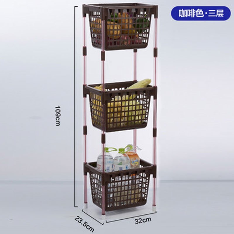 厨房菜篮子塑料收纳筐收纳篮水果零食蔬菜杂物框储物置物架多色多款多功能生活日用收纳用品时尚创_7_4_3 方形三层咖啡色
