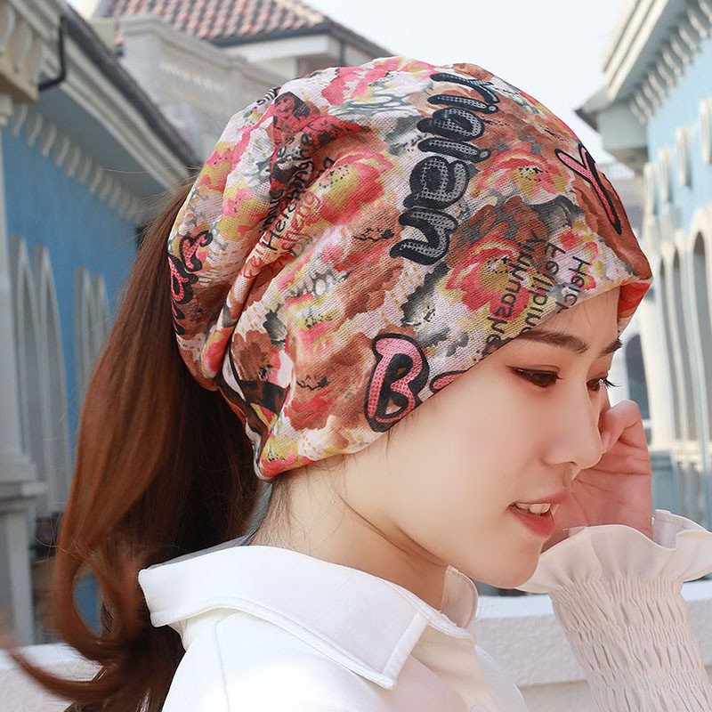 帽子女春夏韩版多功能头巾帽包头套头帽脖套帽印花堆堆帽扎马尾帽_11 夏款桔彩