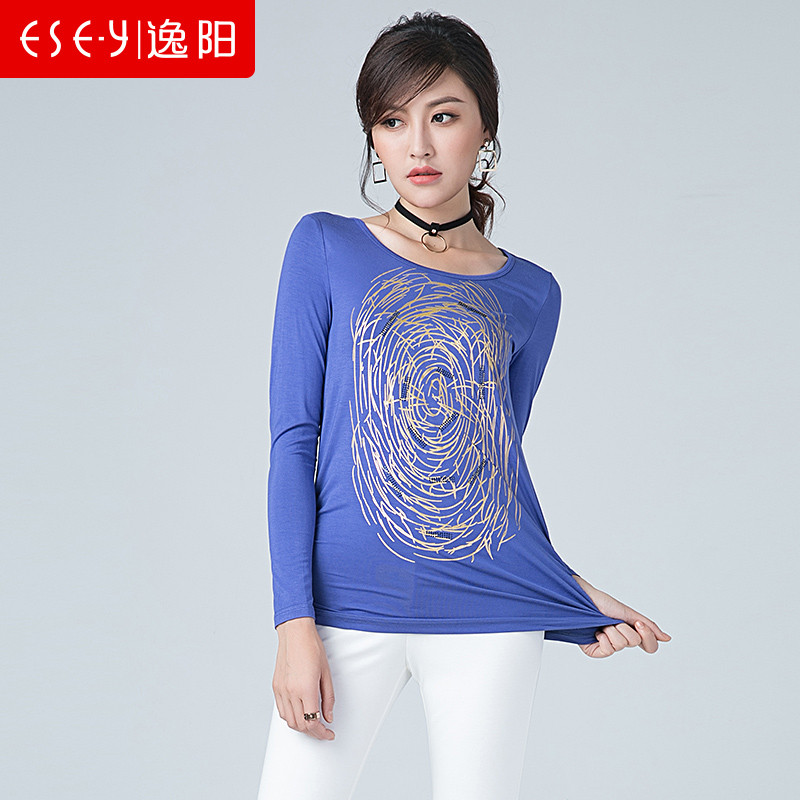 2018春季新款女装清仓修身烫金图案时尚圆领内搭长袖T恤女0377 XL 蓝色