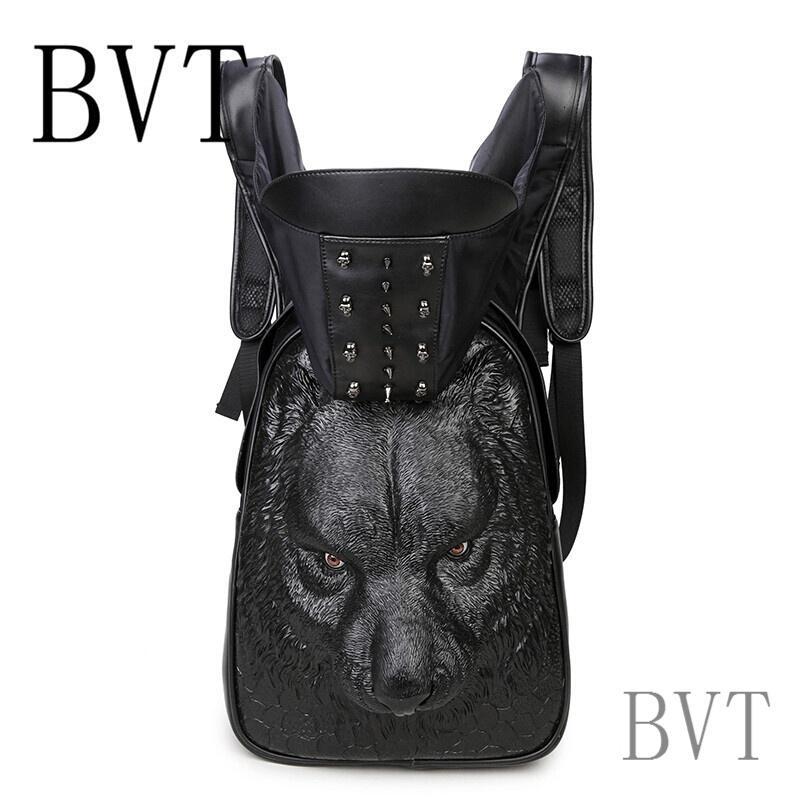 BVT个性连帽背包男士双肩包女时尚日韩版街头潮流旅行包皇冠骷髅头包包_6 黑色狼头