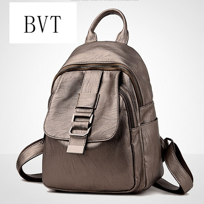BVT新款背包双肩包女包仿真皮韩版时尚休闲女士包包学院书包旅行包 古铜色
