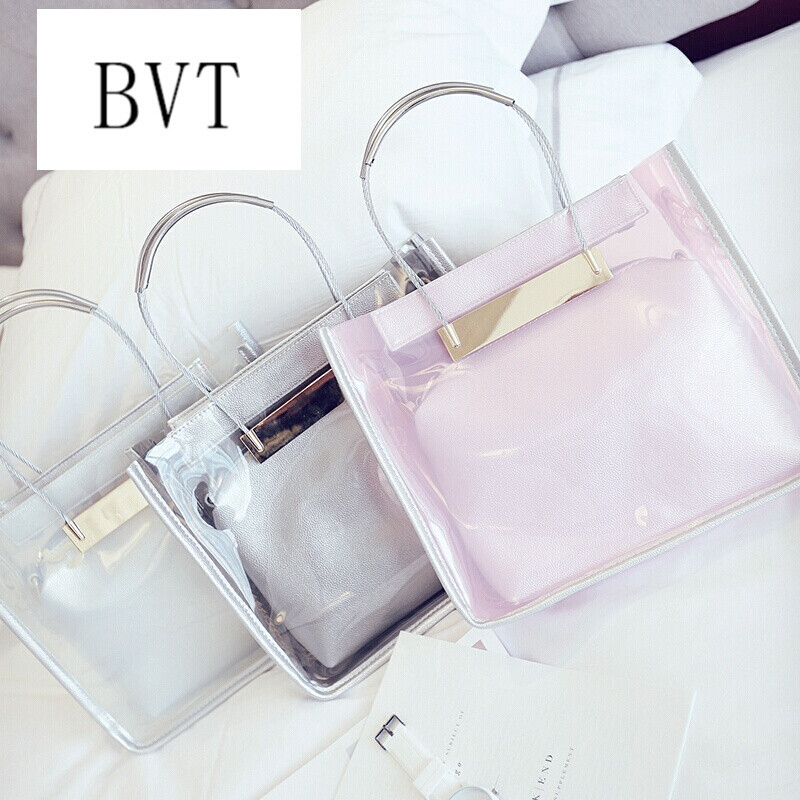 BVT欧美时尚果冻手提包子母包链条单肩包小清新透明包包 茶色