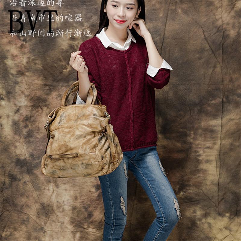 BVT欧美潮女包复古擦色单肩包休闲斜挎包软牛皮手提包时尚多功能包包_8 杏咖色