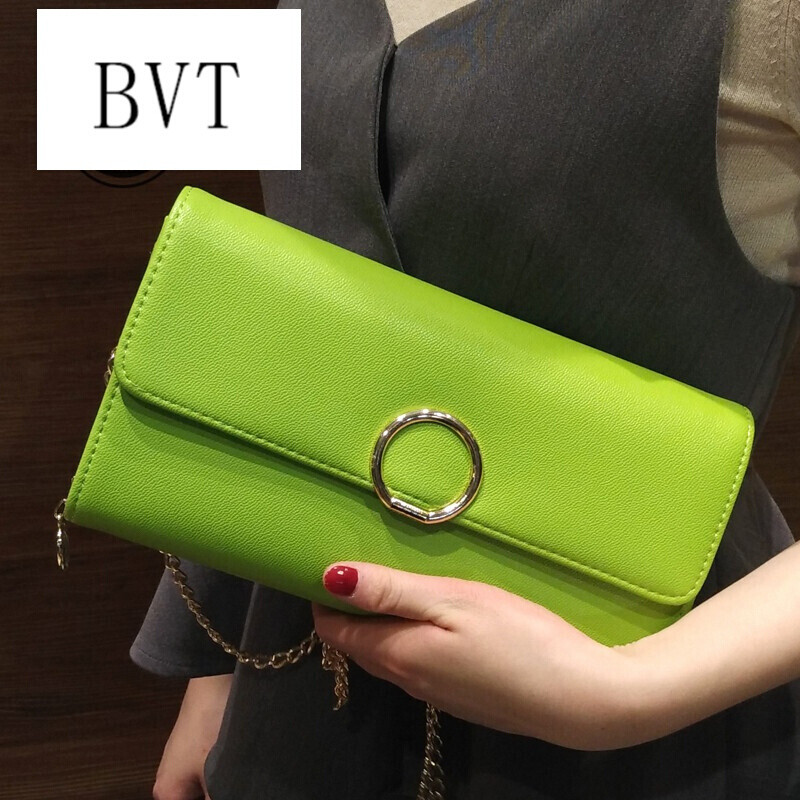 BVT女士手拿包长款圆形搭夹简约大容量钱包小清新时尚手包潮 草绿色