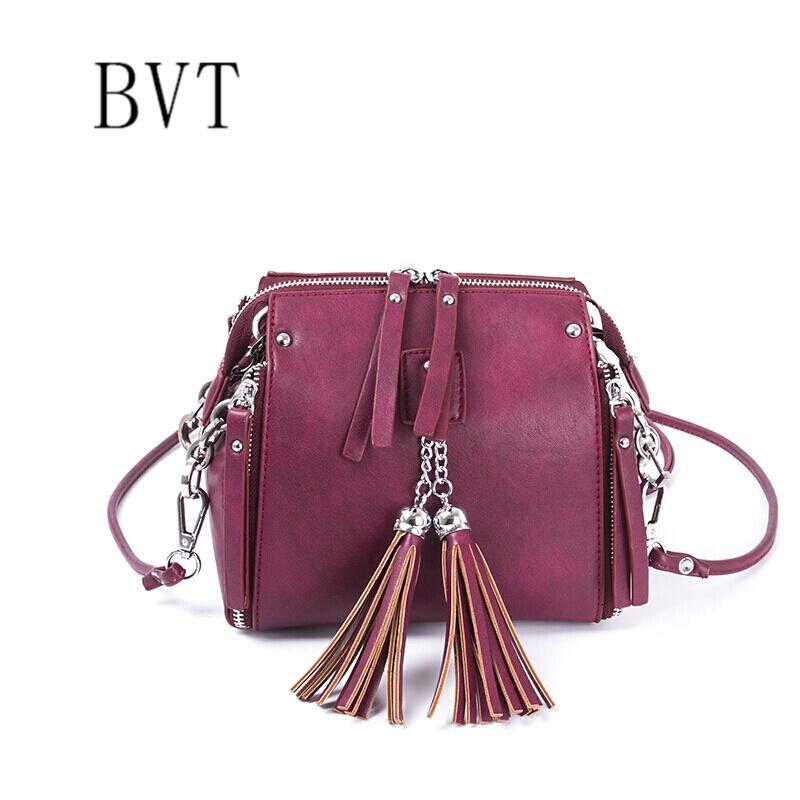 BVT时尚双肩包女生背包流苏包包休闲斜挎单肩女士小包女士多用包包_6 酒红色