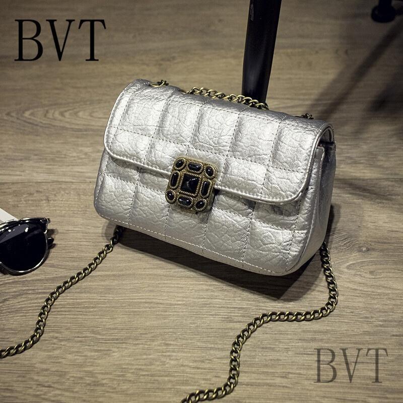 BVT欧美女包包时尚女士复古菱格链条包迷你小方包单肩斜挎包水钻锁扣包_4 白色