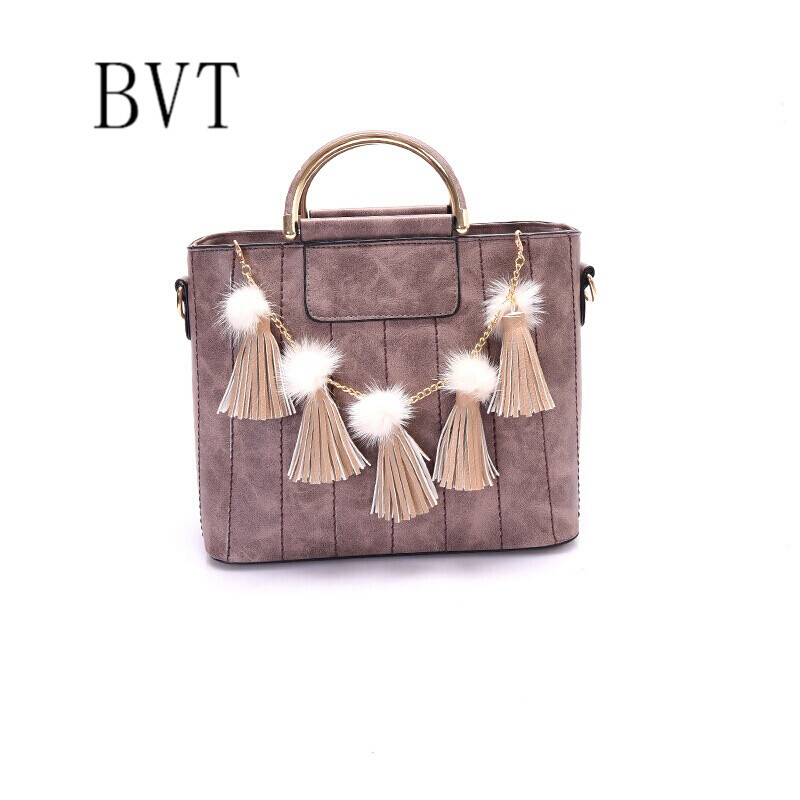 BVT时尚单肩包圆环粗线个性流苏挂件手提包单肩斜跨女士大包包 粉色