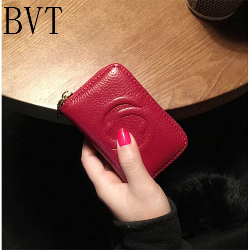 BVT卡包女式卡夹男士多卡位卡片包拉链小钱包零钱包 酒红色