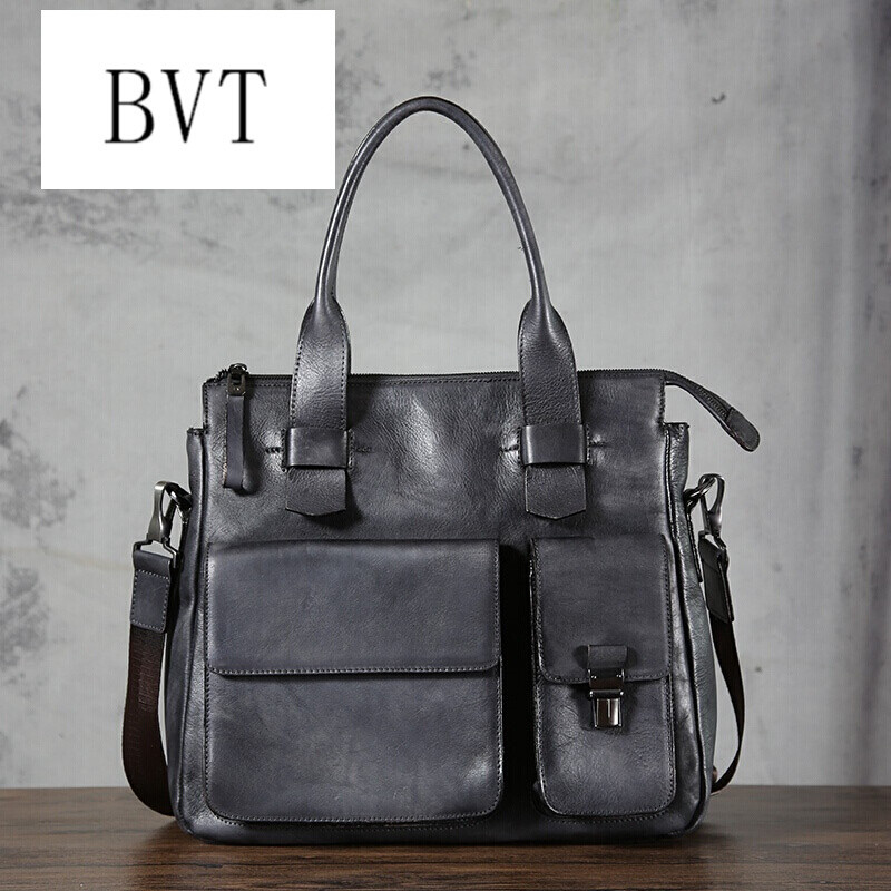 BVT手工男包牛皮手提包植鞣皮复古男士单肩包斜跨包公文包男 蓝灰色