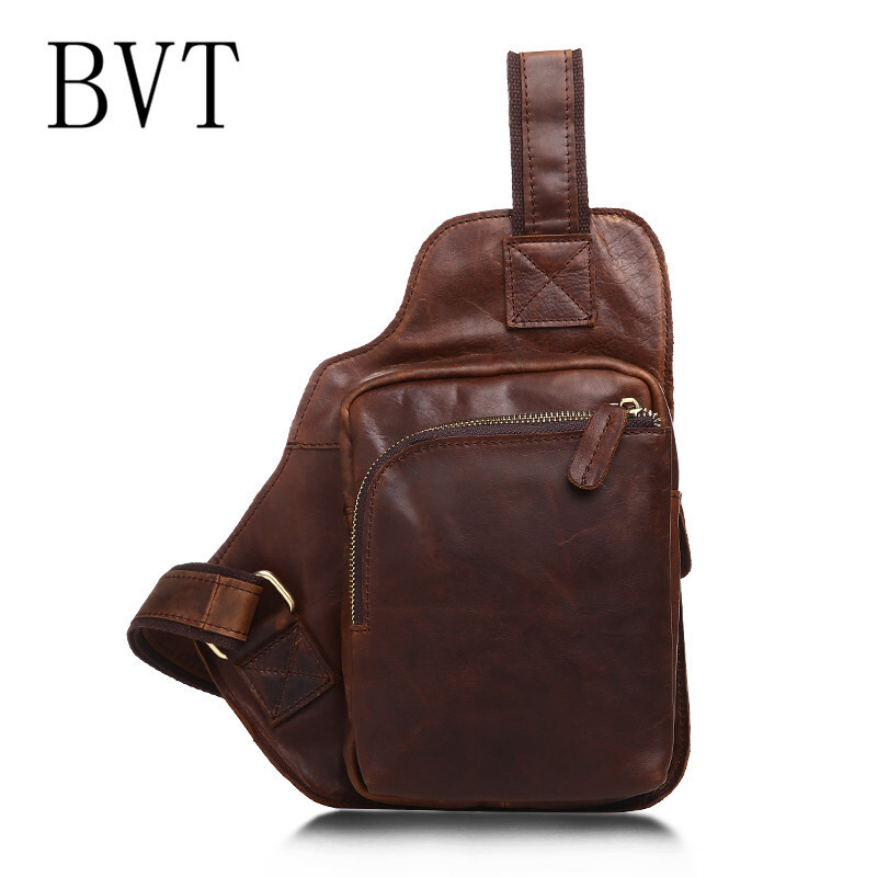 BVT新款牛皮胸包男休闲男士运动皮包单肩斜跨复古小背包零钱手机包咖色 默认颜色