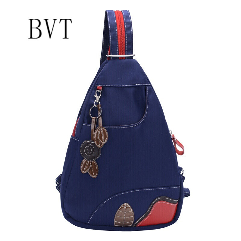 BVT女包双肩包单肩包胸包三用包简约时尚韩版树叶挂饰潮流背包 蓝色尼龙
