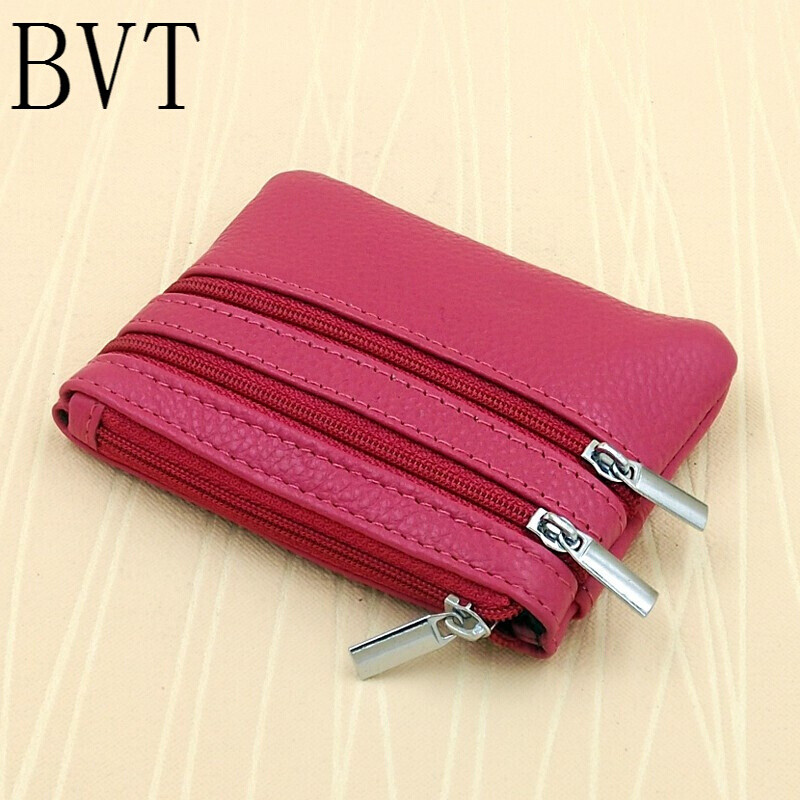 BVT韩版女式小零钱包袋拉链手拿迷你硬币包汽车钥匙包牛皮卡包 玫红色