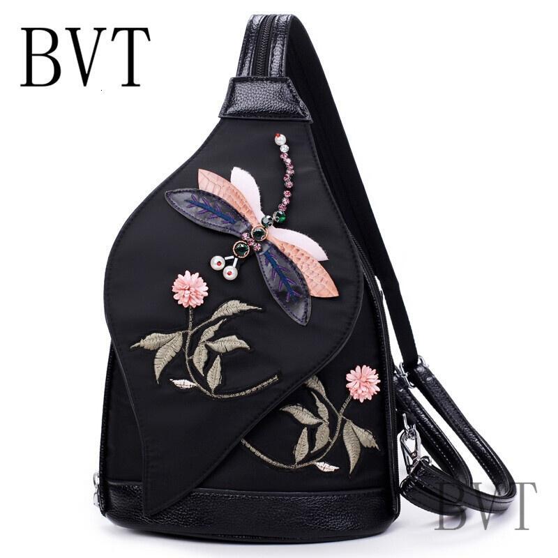 BVT民族风刺绣蜻蜓双肩包女轻便尼龙布胸包小背包学生书包女款胸包黑色_5 默认颜色