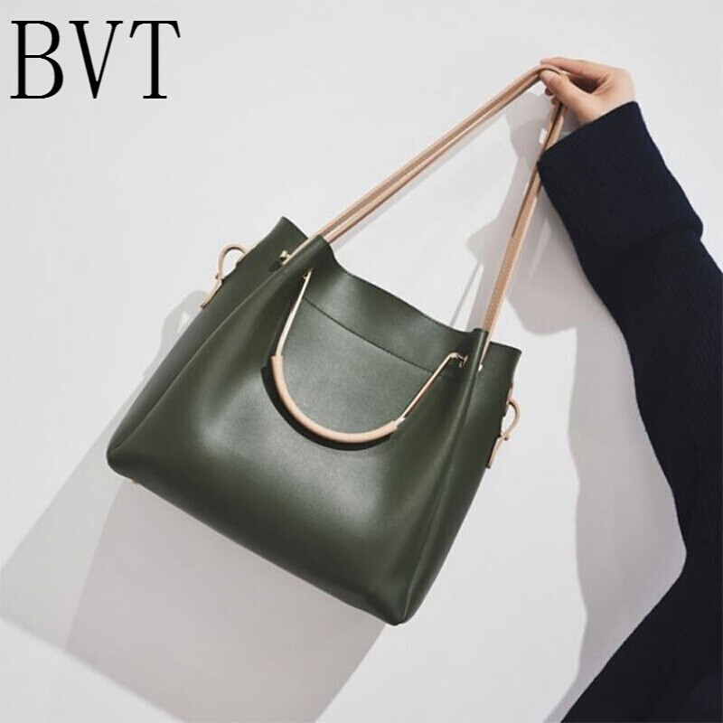BVT包包女2017新款韩版潮百搭斜挎包单肩包个性时尚大包水桶包手提包 墨绿色