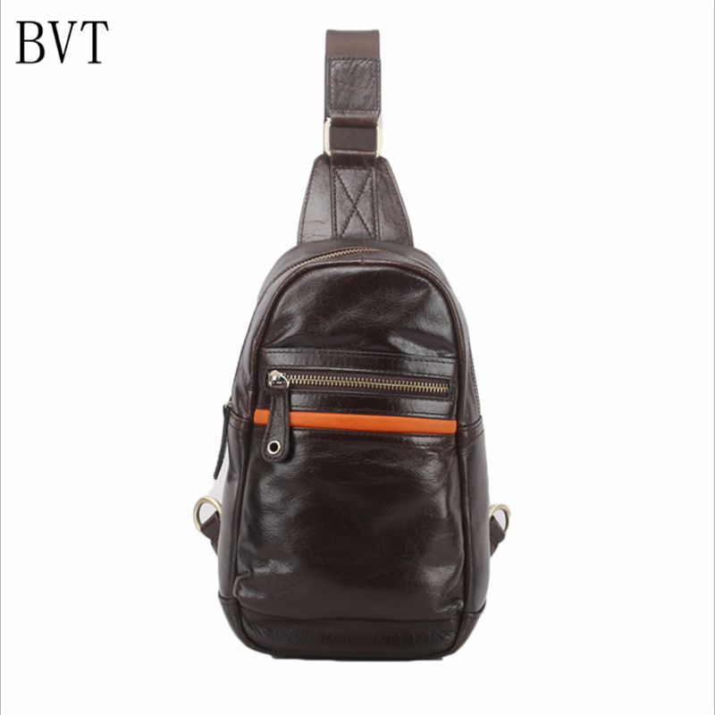 BVT男士胸包真皮头层休闲斜挎包软皮夏季户外运动百搭韩版潮流胸前包 咖色