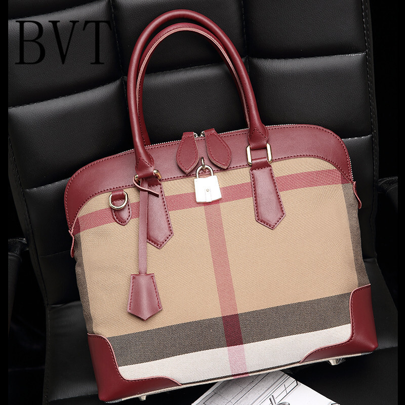 BVT女包牛皮贝壳包欧美时尚单肩斜挎包真皮手提包拼接撞色大包包 酒红